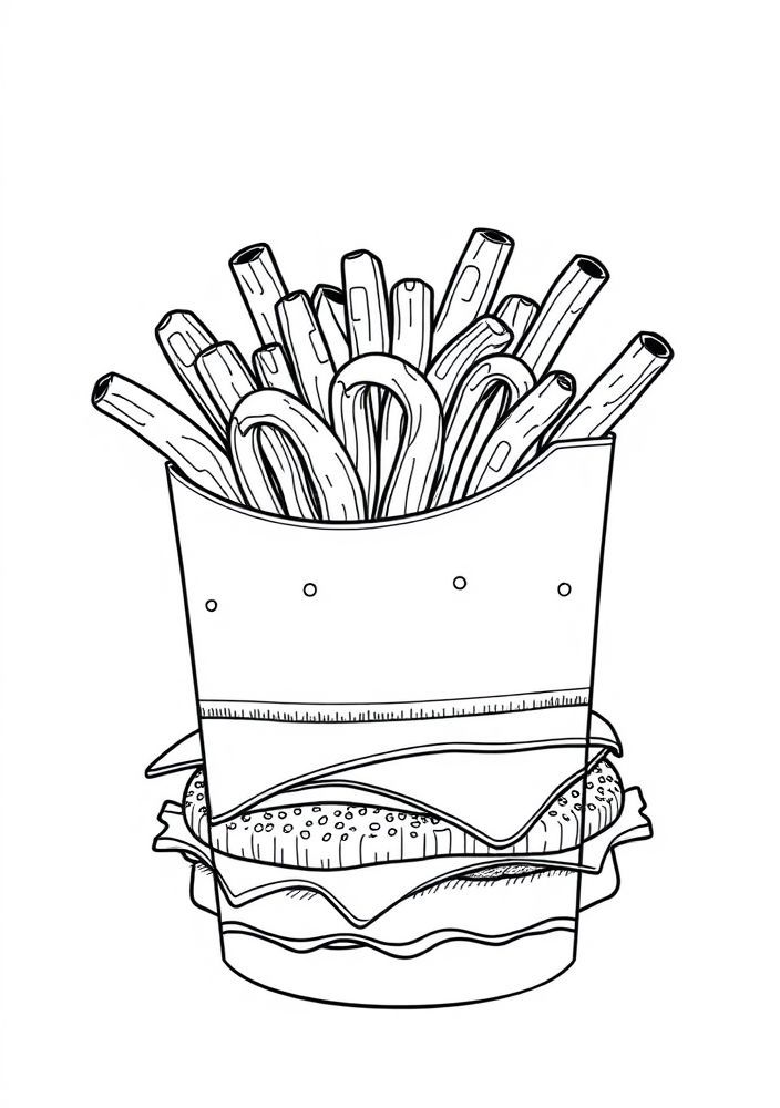 Desenho de Batata frita e hamburger para colorir