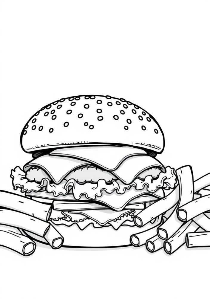 Desenho de Batatas Fritas e Hamburguer para colorir