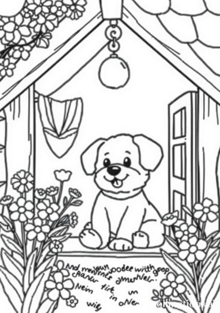 Desenho de Bichinho de Estimação em uma Casinha para colorir