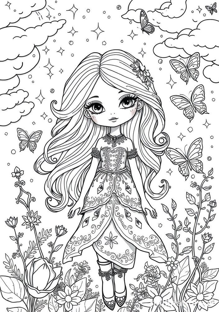 Desenho de Boneca em um Mundo de Fantasia para colorir