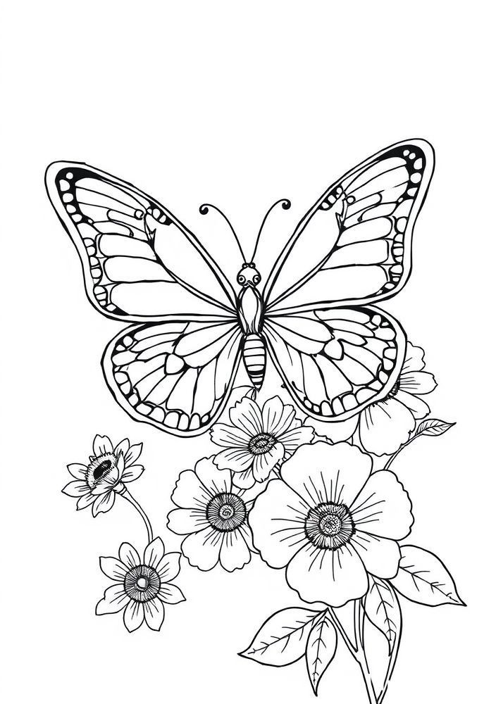 Desenho de Borboleta com Flores para Colorir