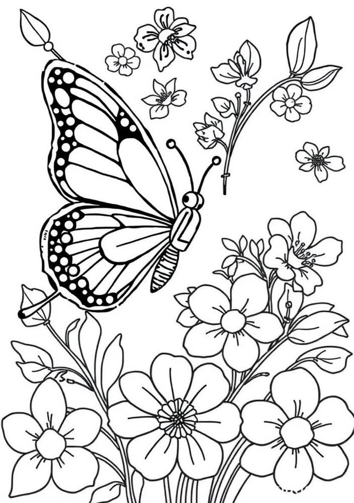 Desenho de Borboleta com Flores para colorir