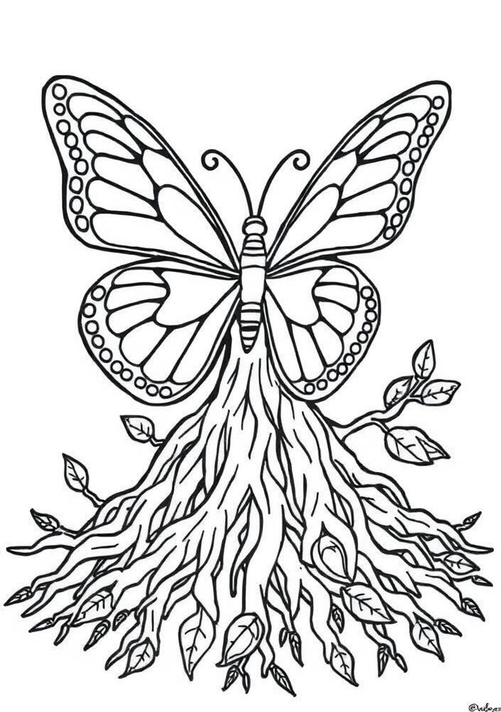 Desenho de Borboleta com Raízes de Árvore para Colorir