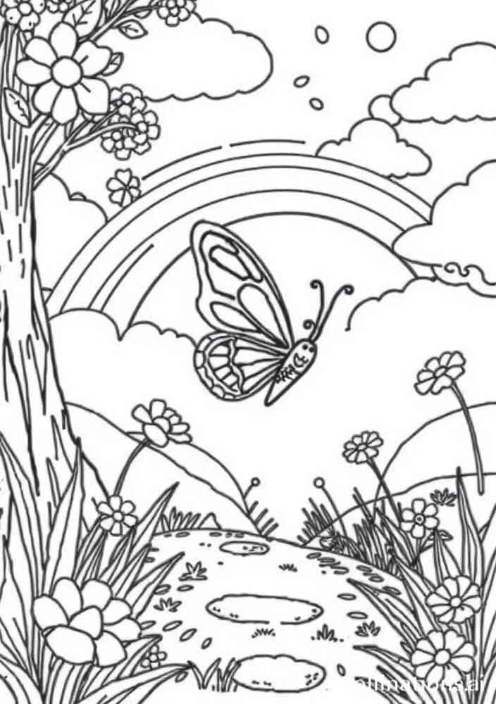 Desenho de Borboleta e Arco-íris para colorir