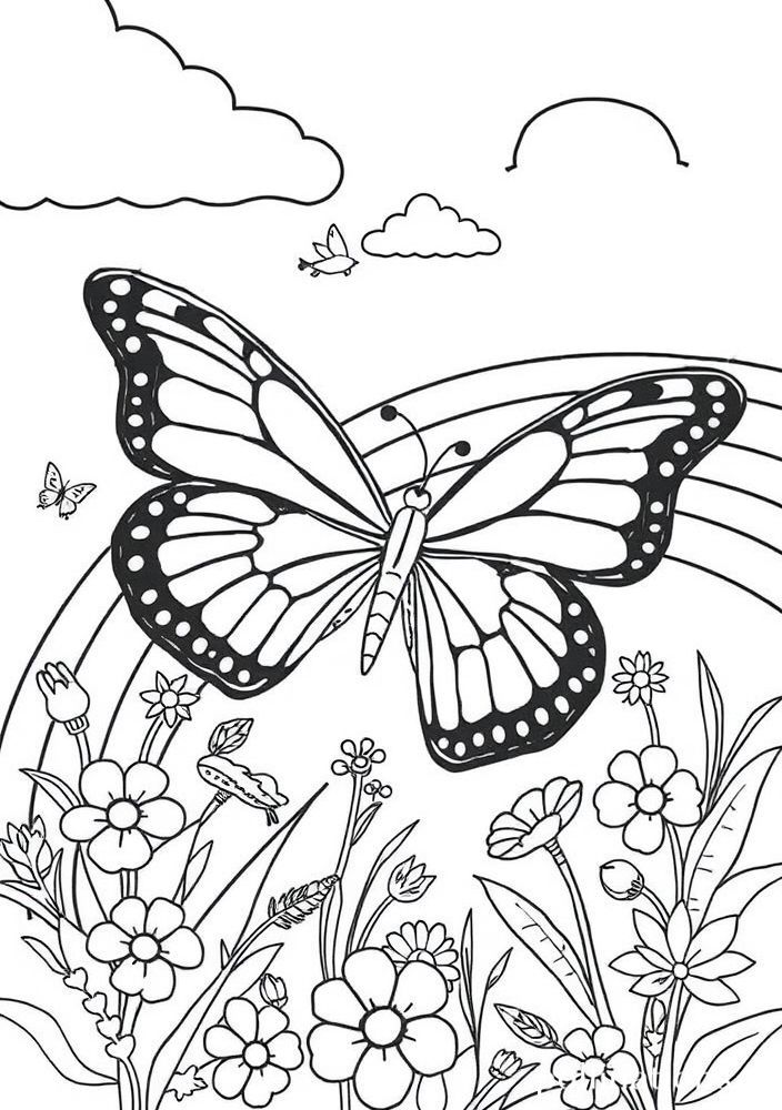 Desenho de Borboleta e Arco-íris para colorir