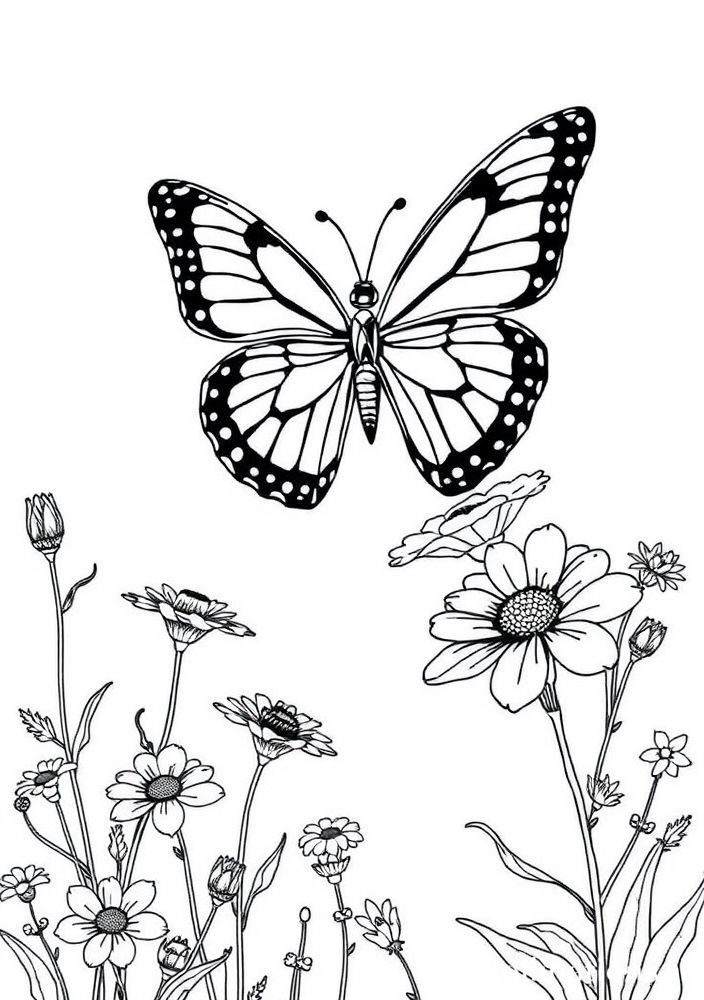 Desenho de Borboleta e Flores Silvestres para colorir