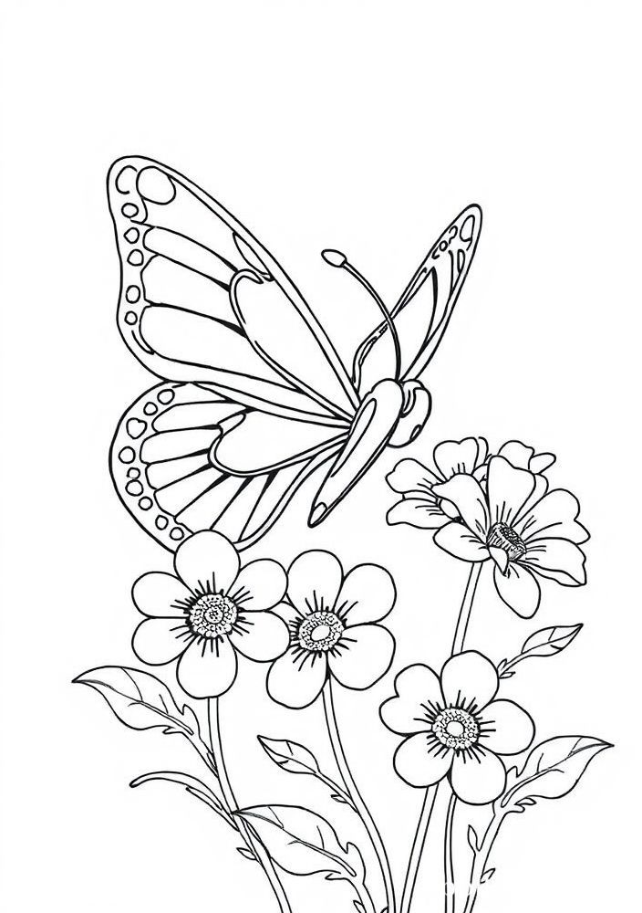Desenho de Borboleta e Flores para Colorir