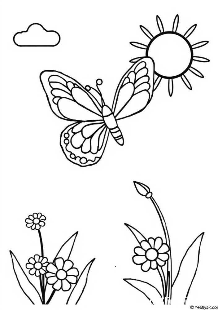 Desenho de Borboleta e Sol para colorir