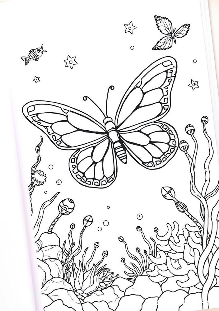 Desenho de Borboleta em Cenário Subaquático para Colorir
