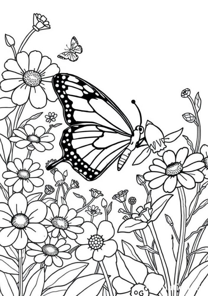 Desenho de Borboleta em Jardim Floral para Colorir