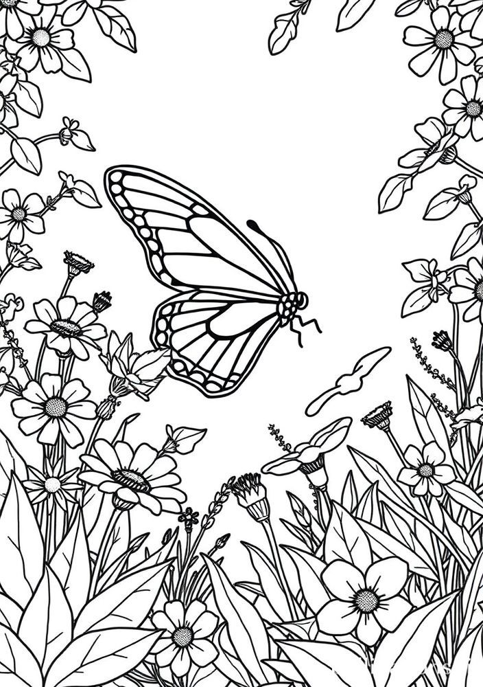 Desenho de Borboleta em Jardim para colorir