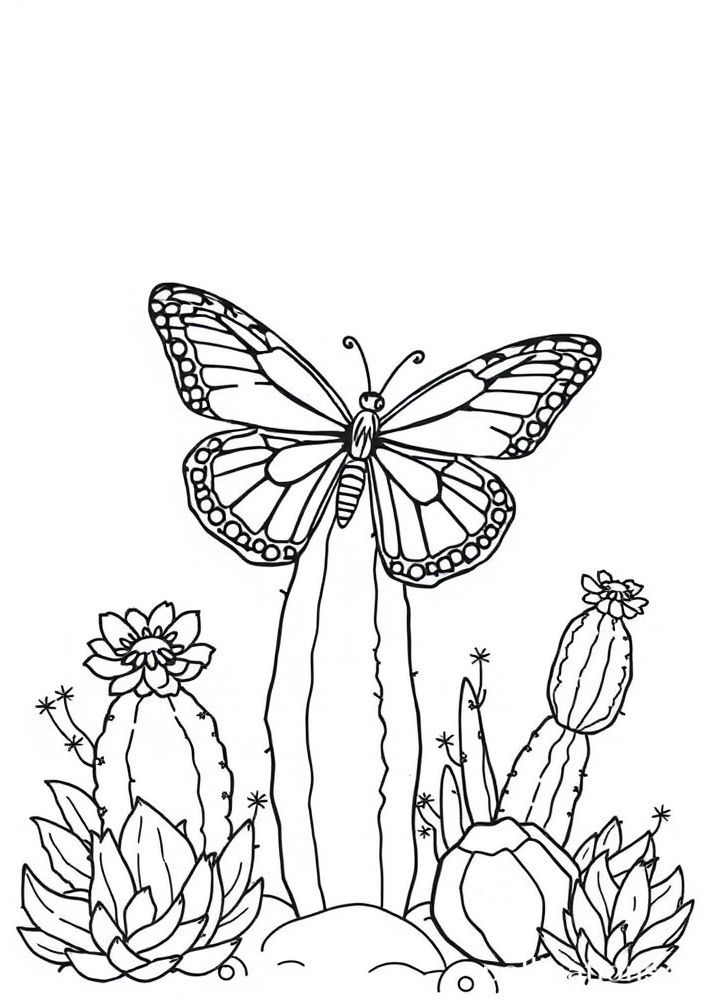 Desenho de Borboleta em Jardins de Cactos para Colorir