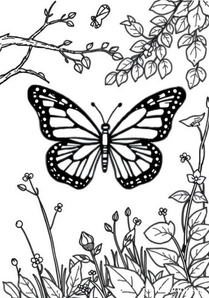Desenho de Borboleta em um Cenário Natural para Colorir