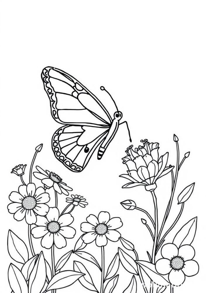 Desenho de Borboleta em um Jardim para Colorir