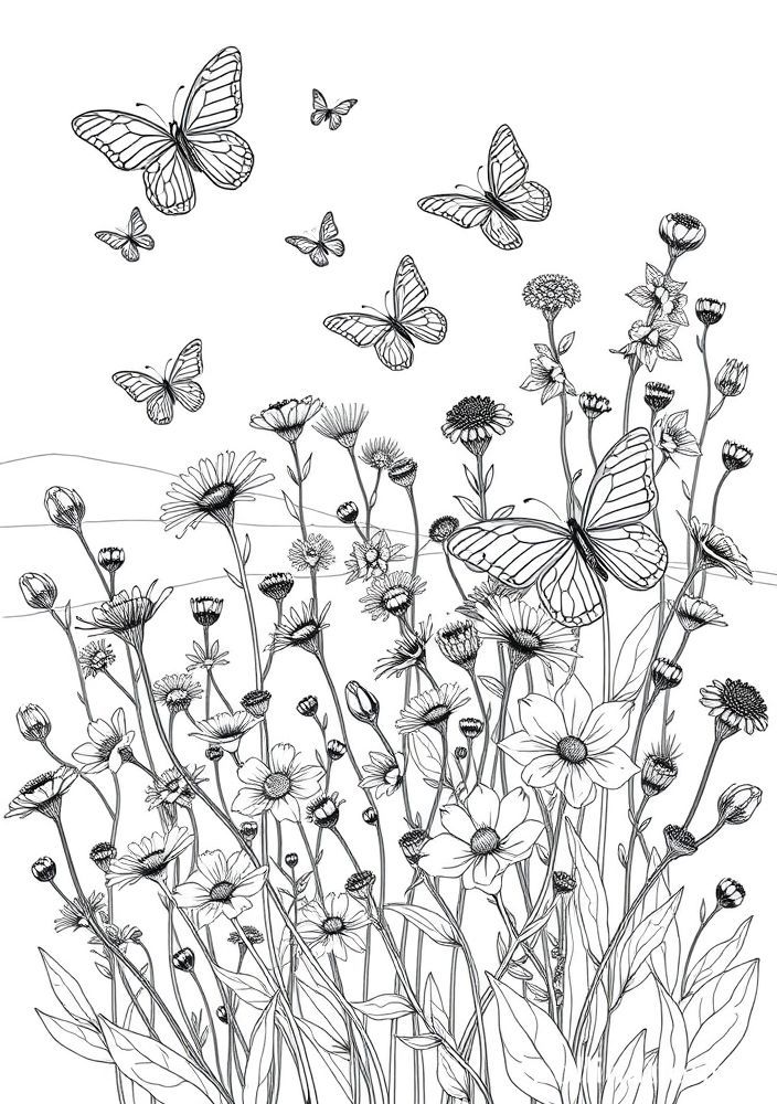 Desenho de Borboletas e Flores Silvestres para Colorir