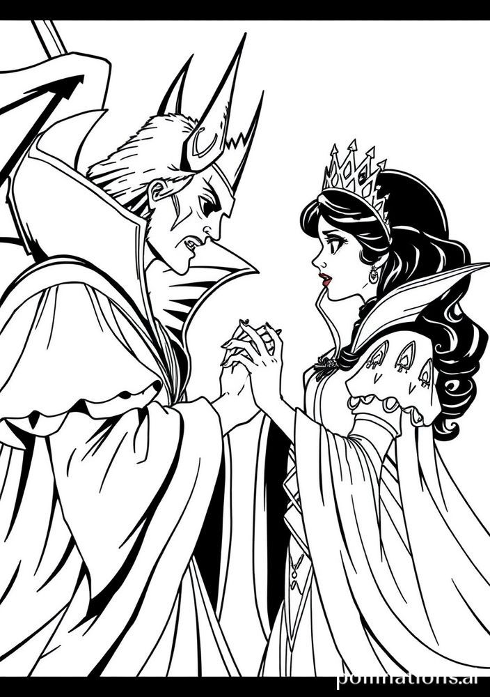 Desenho de Branca de Neve e a Rainha Malvada no confronto para colorir