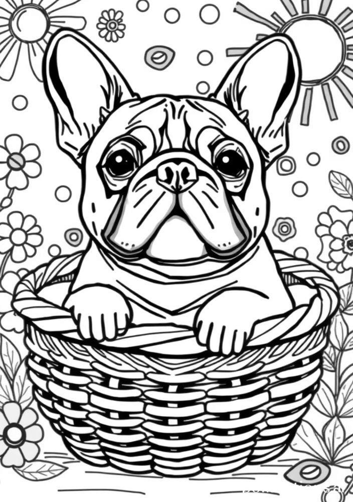Desenho de Bulldog Francês em uma Cesta para colorir