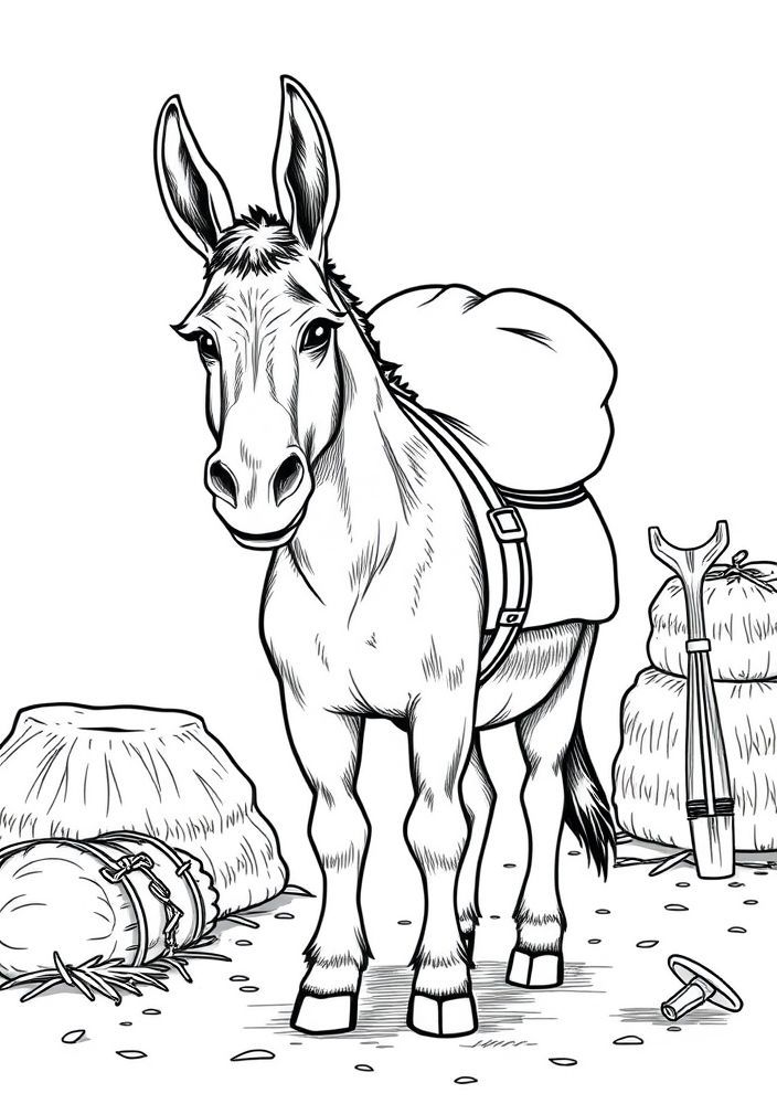 Desenho de Burro com Saco de Farelo para Colorir