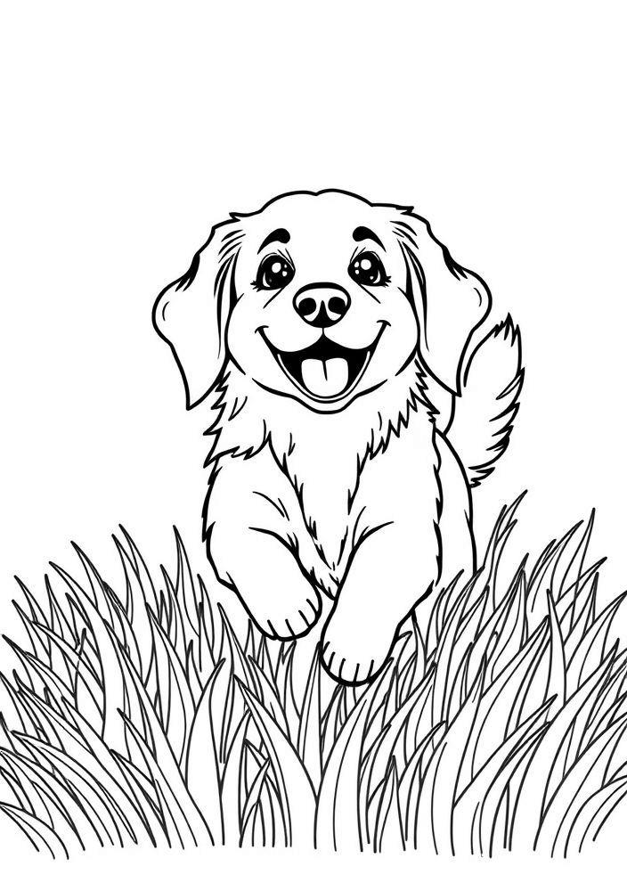Desenho de Cachorro Golden Retriever brincando na grama para colorir