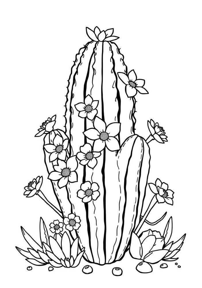 Desenho de Cactos com Flores para Colorir