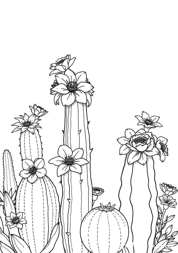 Desenho de Cactos com flores para colorir