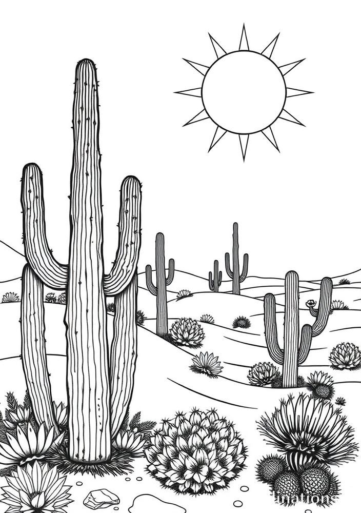 Desenho de Cactus no Deserto para Colorir