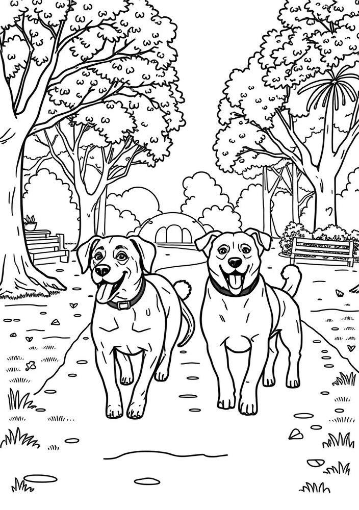 Desenho de Cães Passeando no Parque para Colorir
