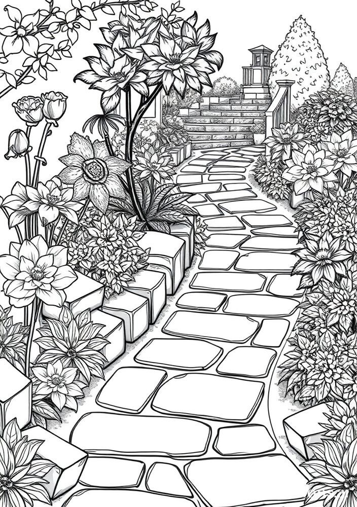 Desenho de Caminho de Pedras em Jardim para colorir