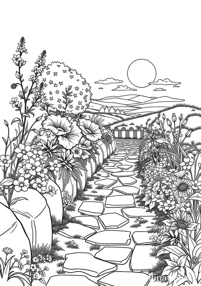 Desenho de Caminho do Jardim com Pedras e Flores para Colorir