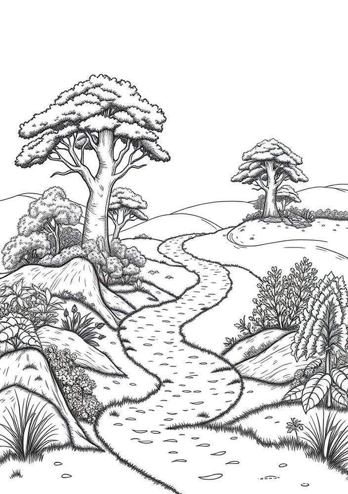 Desenho de Caminho em uma Colina para Colorir