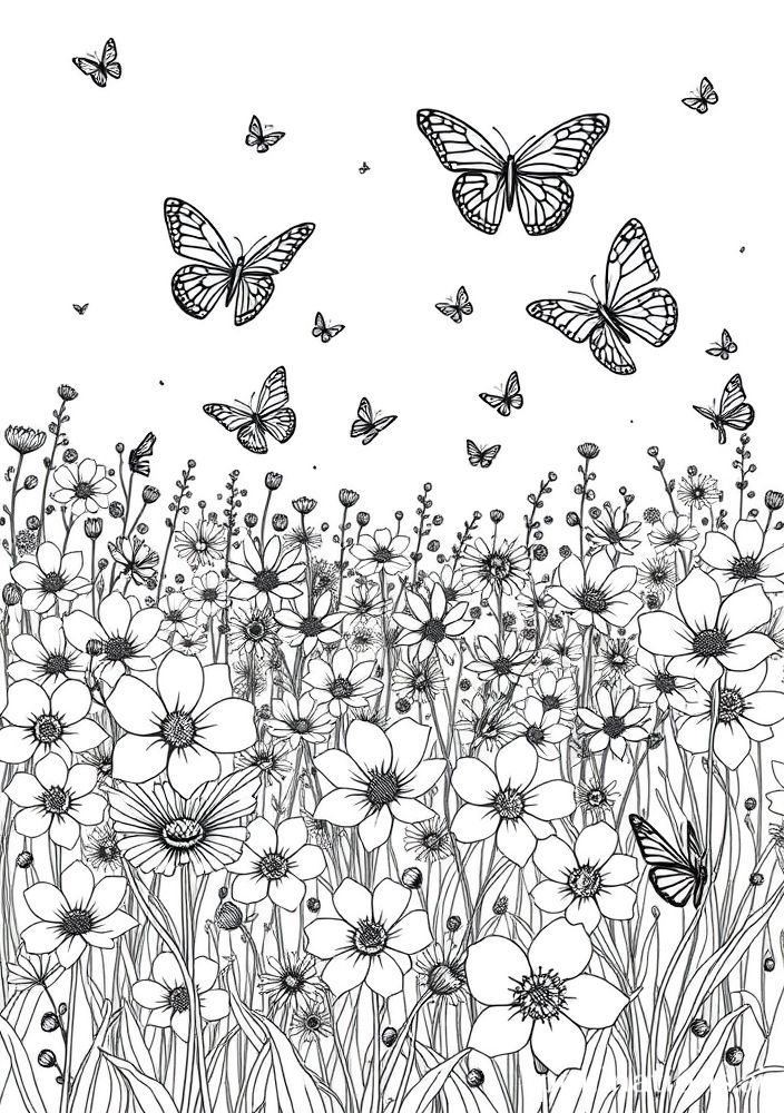 Desenho de Campo Florido com Borboletas para Colorir