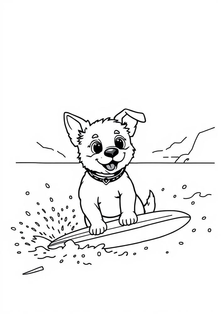 Desenho de Cão Cute com Onda de Surf para Colorir