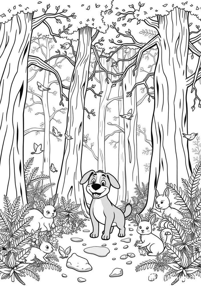 Desenho de Cão em um Aventura na Floresta para colorir