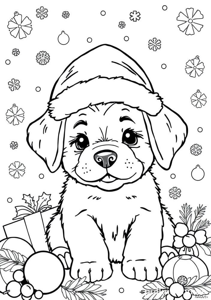 Desenho de Cãozinho com Chapéu de Papai Noel para colorir