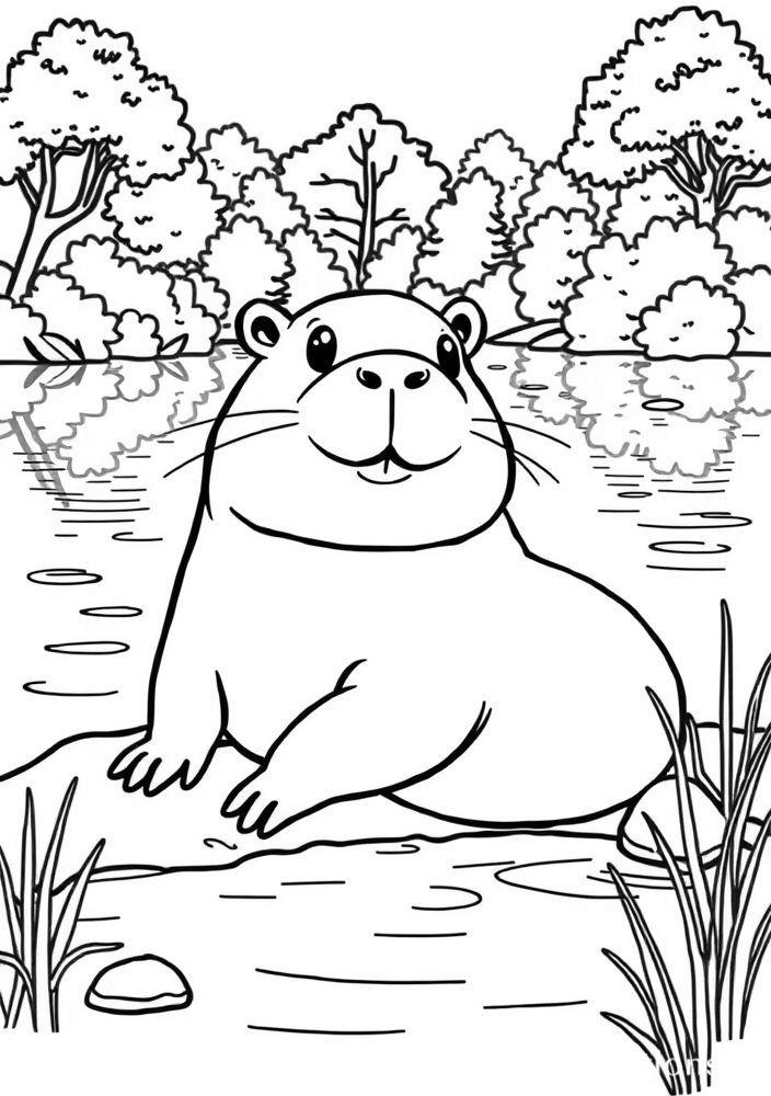 Desenho de Capivara em um lago para colorir