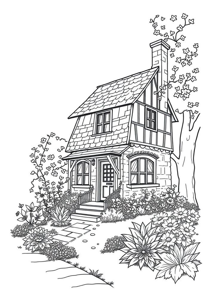 Desenho de Casa Antiga com Jardim para colorir