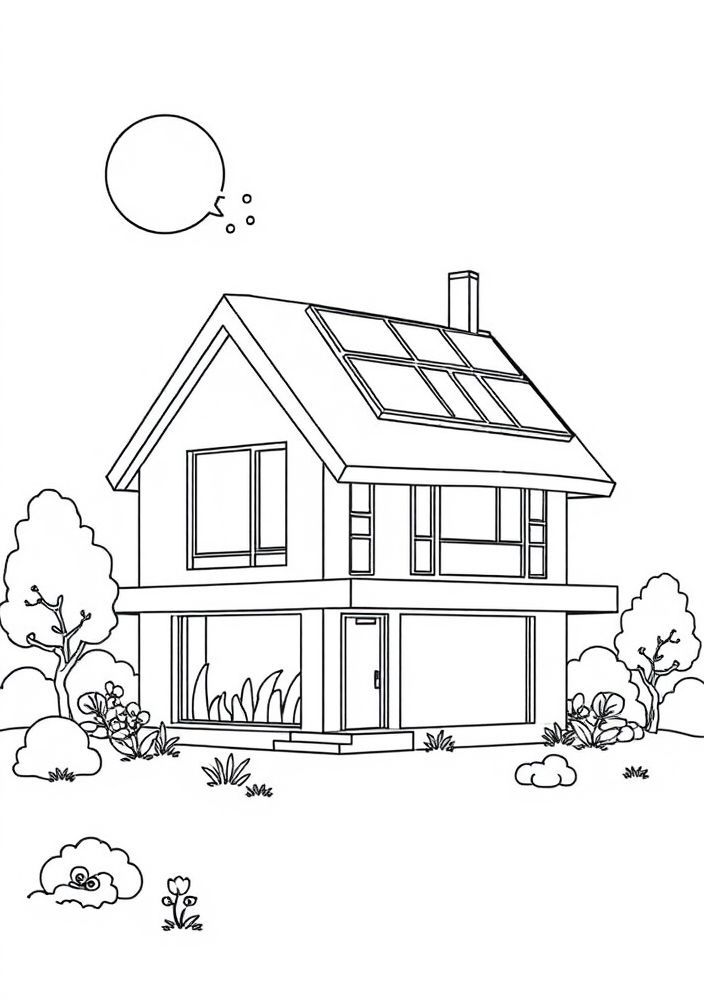 Desenho de Casa Moderna com Painéis Solares para colorir
