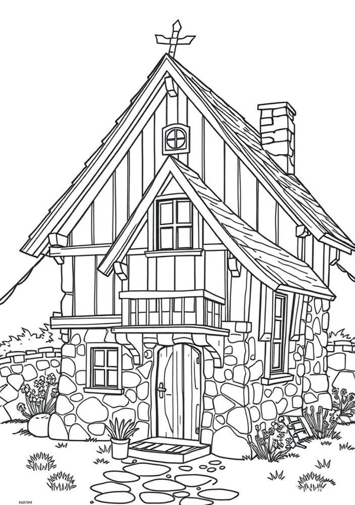 Desenho de Casa Rústica com Detalhes em Madeira para colorir