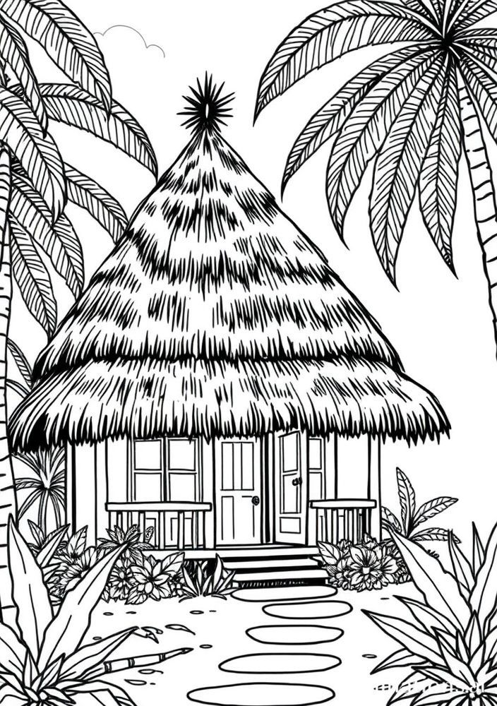 Desenho de Casa com Telhado de Sapê e Paisagem Tropical para colorir