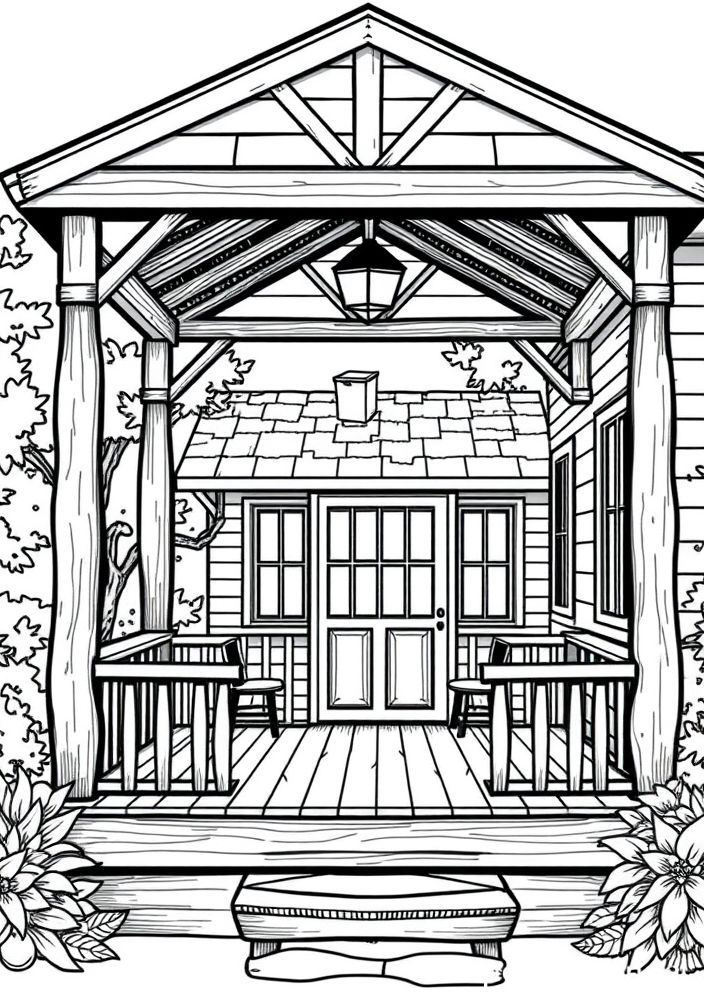 Desenho de Casa com Varanda de Madeira para colorir