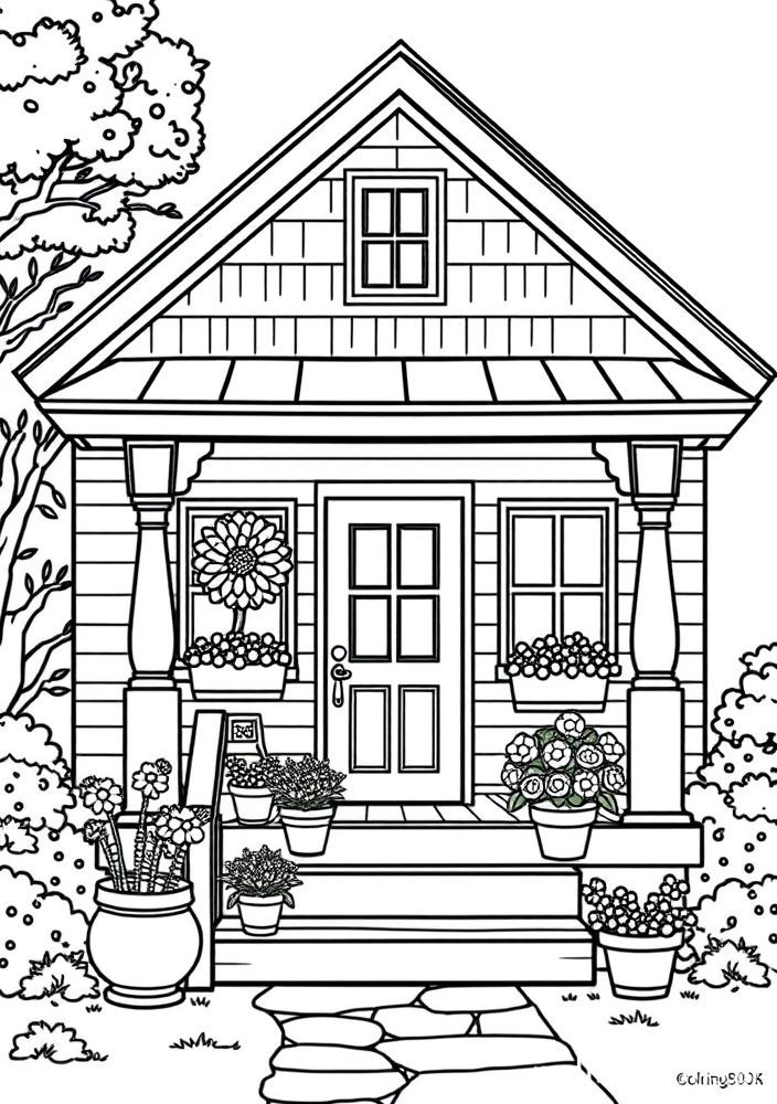 Desenho de Casa com Varanda e Flores para colorir