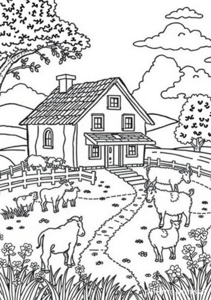 Desenho de Casa de Campo com Animais para colorir