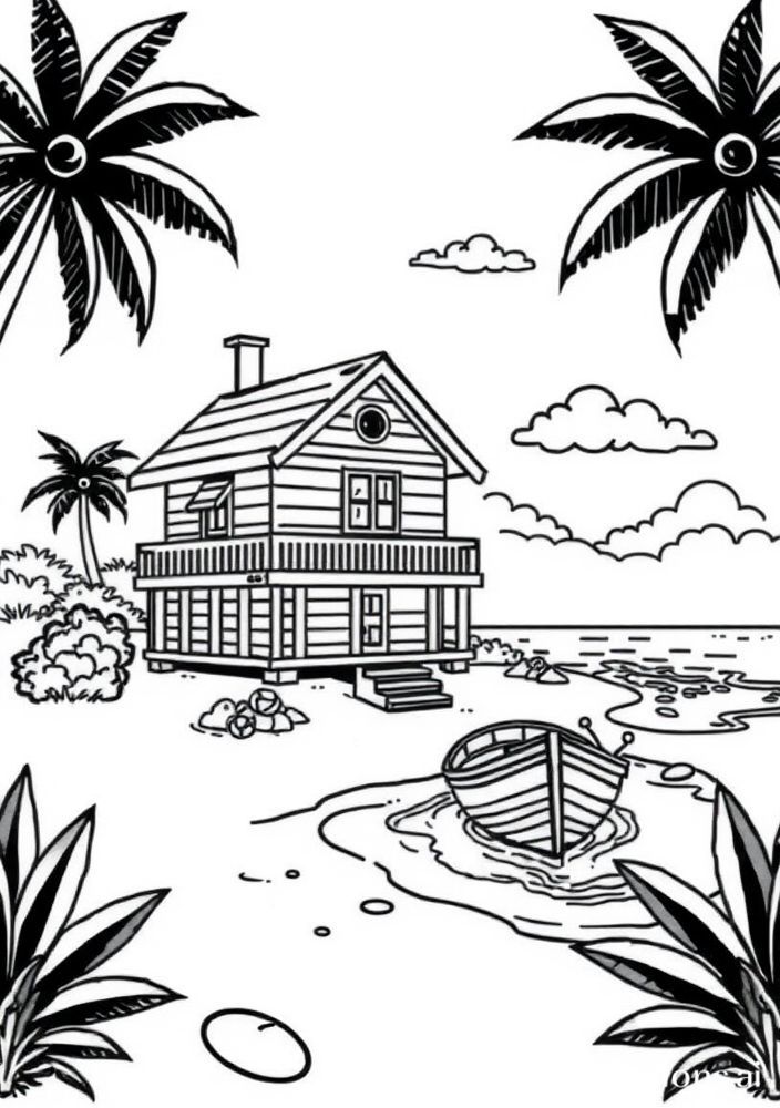 Desenho de Casa de Praia com Barco para colorir