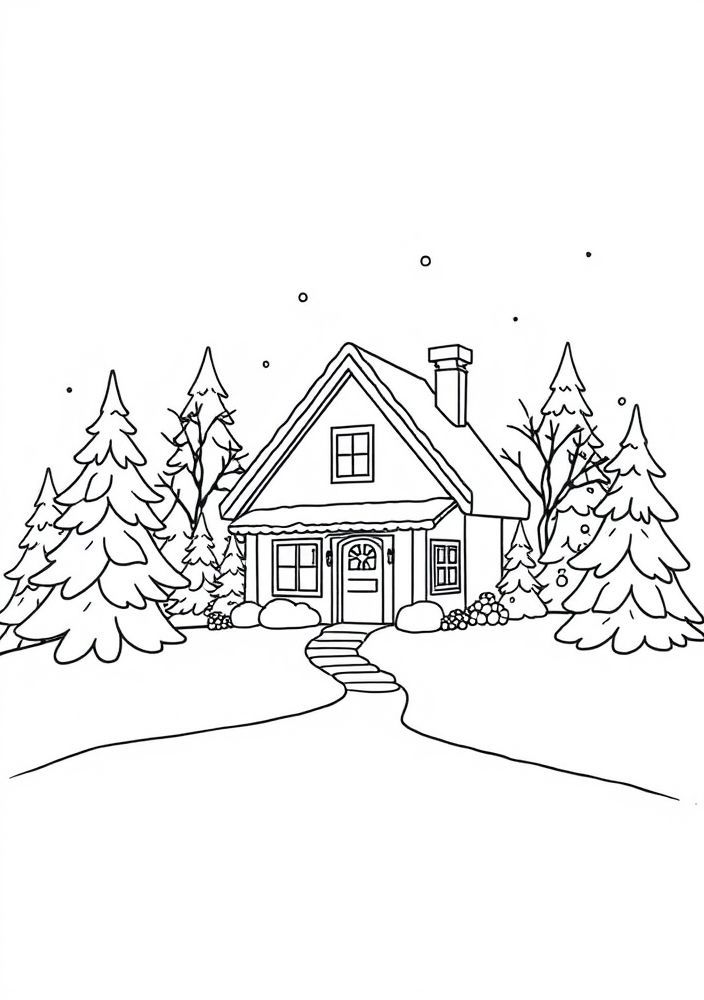 Desenho de Casa em um Cenário de Inverno para colorir