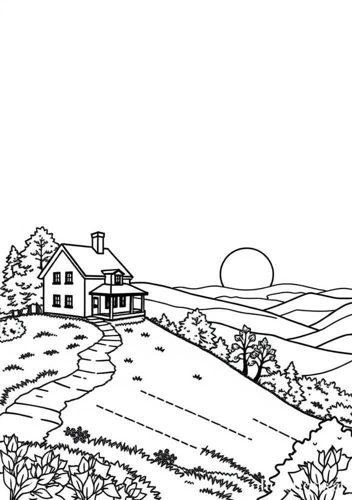 Desenho de Casa em uma Colina para colorir