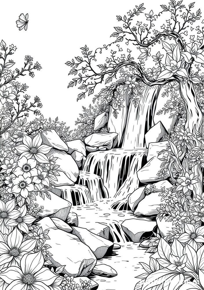 Desenho de Cascata em Jardim para colorir