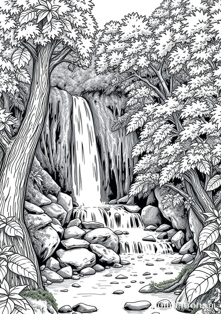 Desenho de Cascata em uma Floresta para colorir