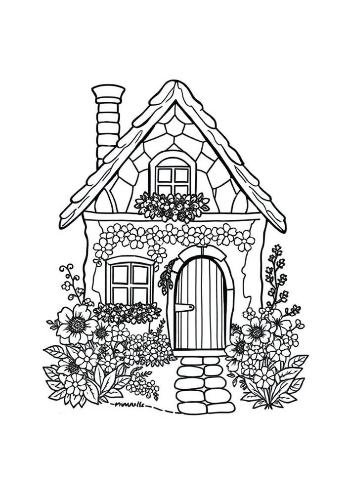 Desenho de Casinha com Jardim para colorir