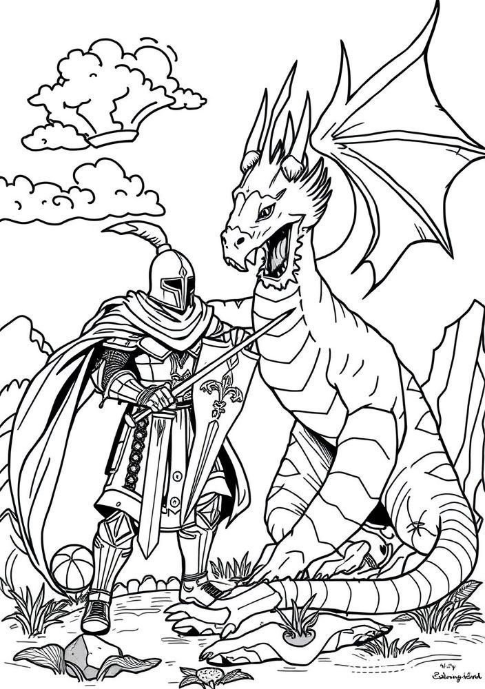 Desenho de Cavaleiro e Dragão para colorir