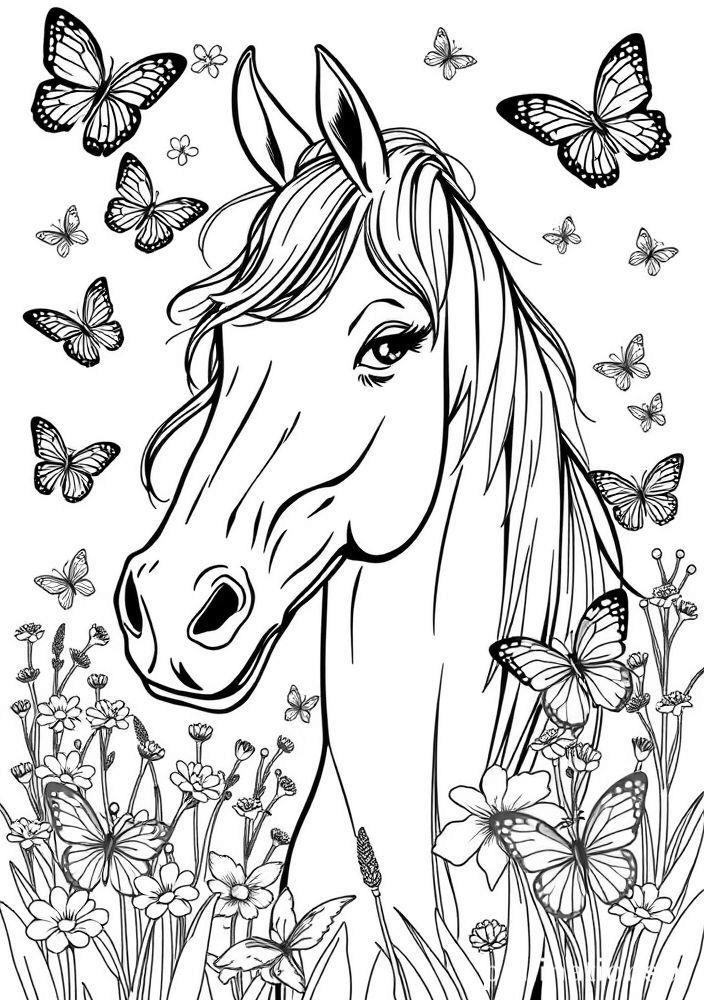 Desenho de Cavalo com Borboletas para colorir